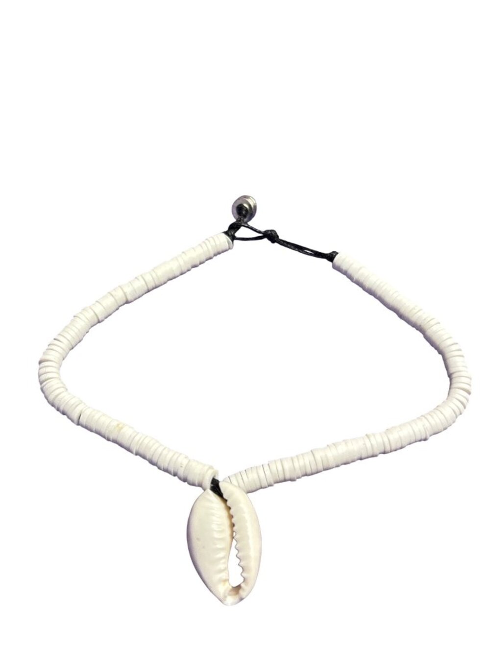 Beaded Bracelet / Anklet White Polymer Clay Heishi Beads Cowrie Shell 8.5 inches